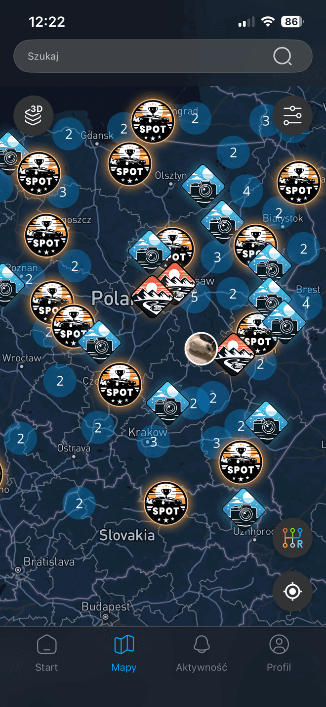 Mapa Revly ze spotami i wyzwaniami w okolicy