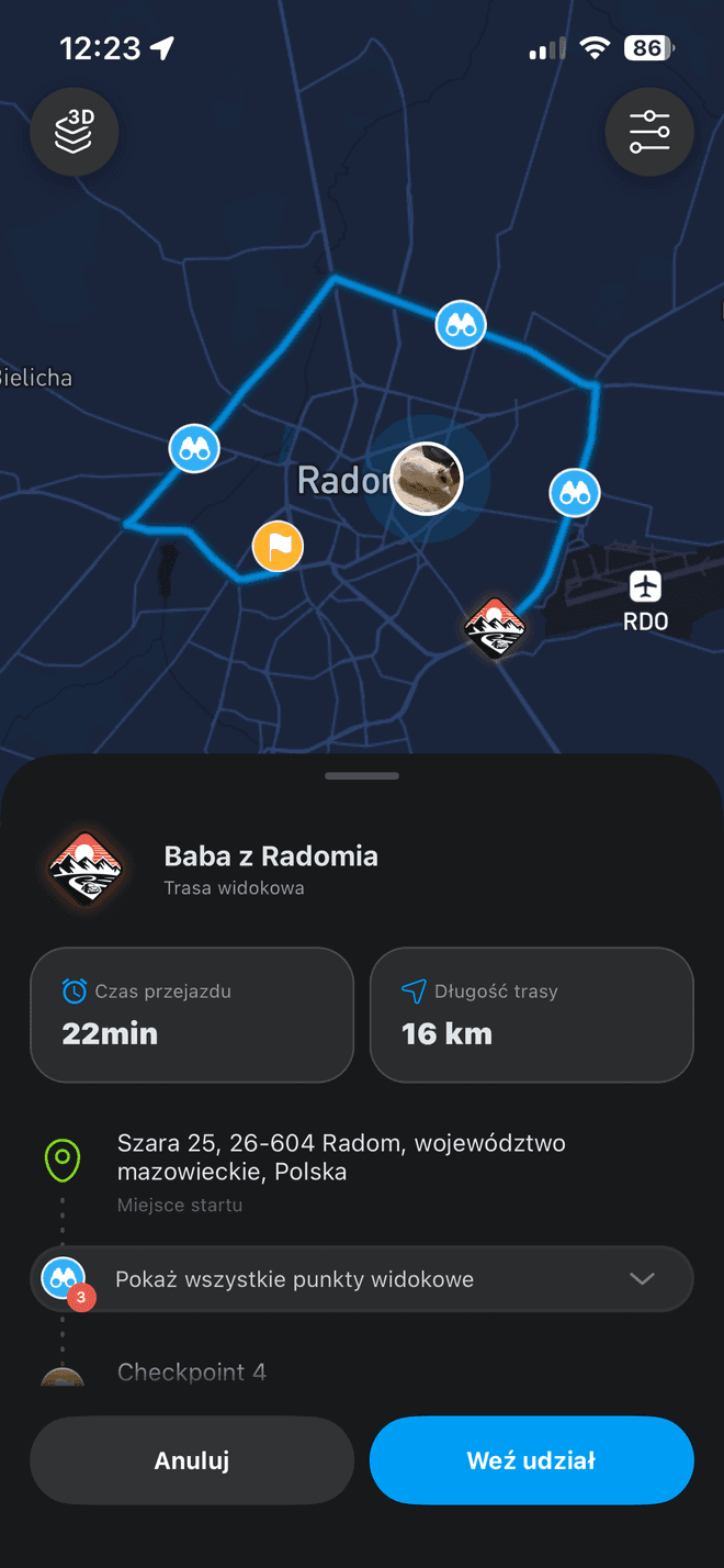 Trasa widokowa na mapie w aplikacji Revly
