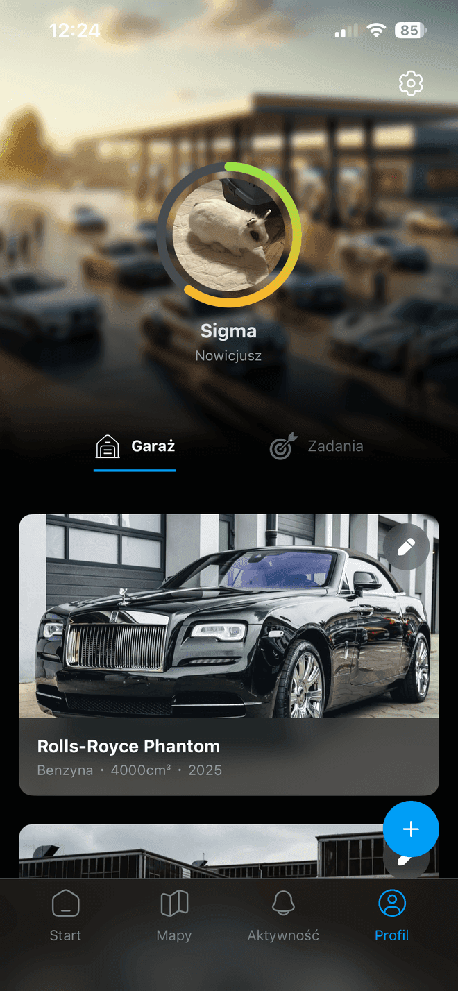 Profil i garaż użytkownika w aplikacji Revly