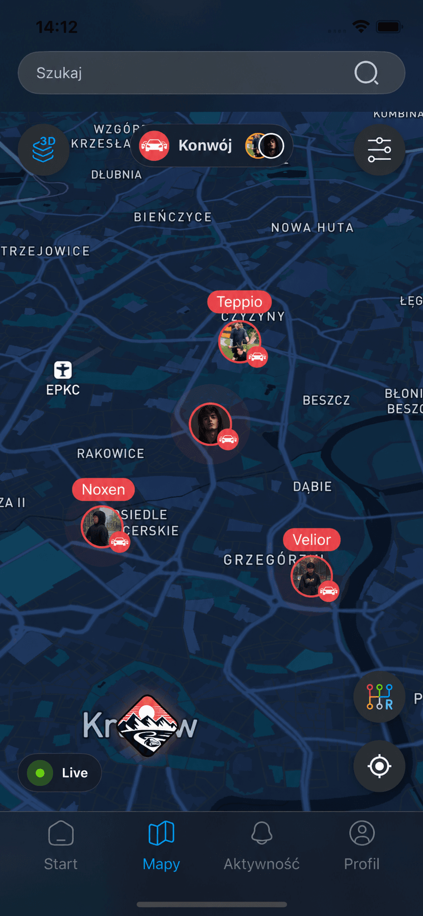 Pozycje uczestników konwoju na mapie na żywo w aplikacji Revly