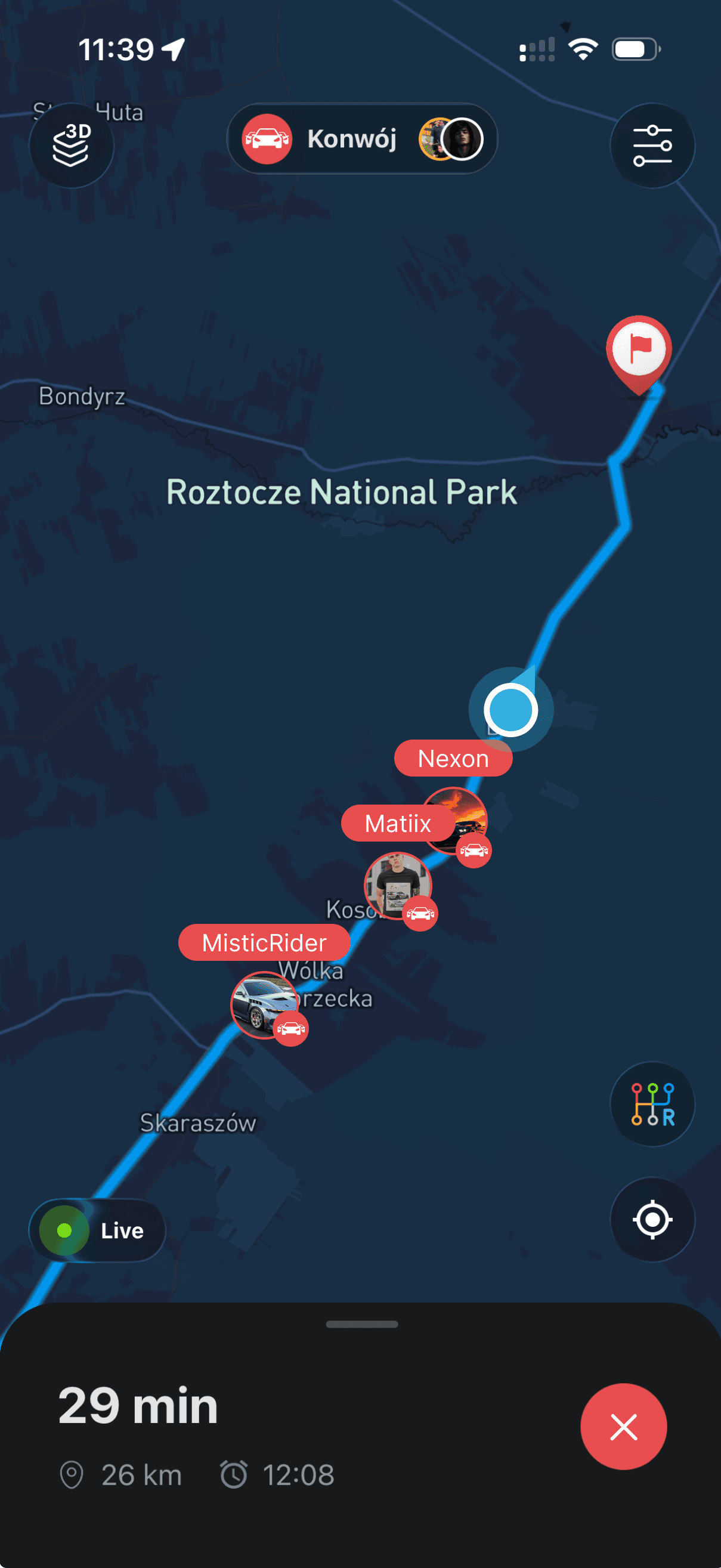 Nawigacja na żywo podczas konwoju w aplikacji Revly