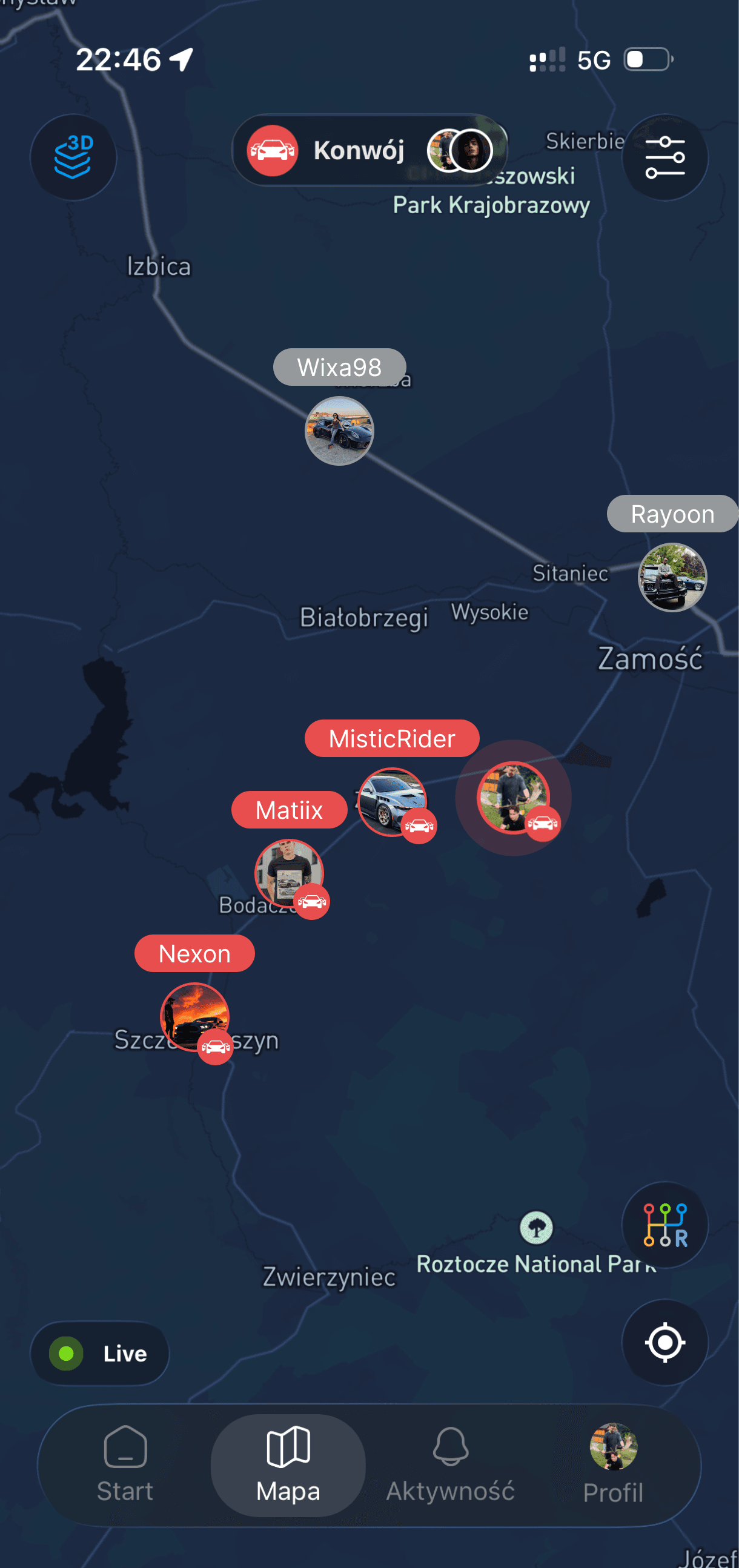 Pozycje uczestników konwoju na mapie na żywo w aplikacji Revly