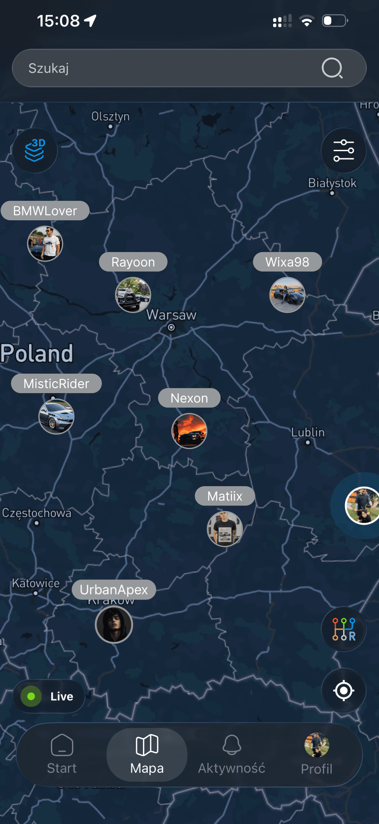 Pozycje uczestników konwoju na mapie na żywo w aplikacji Revly