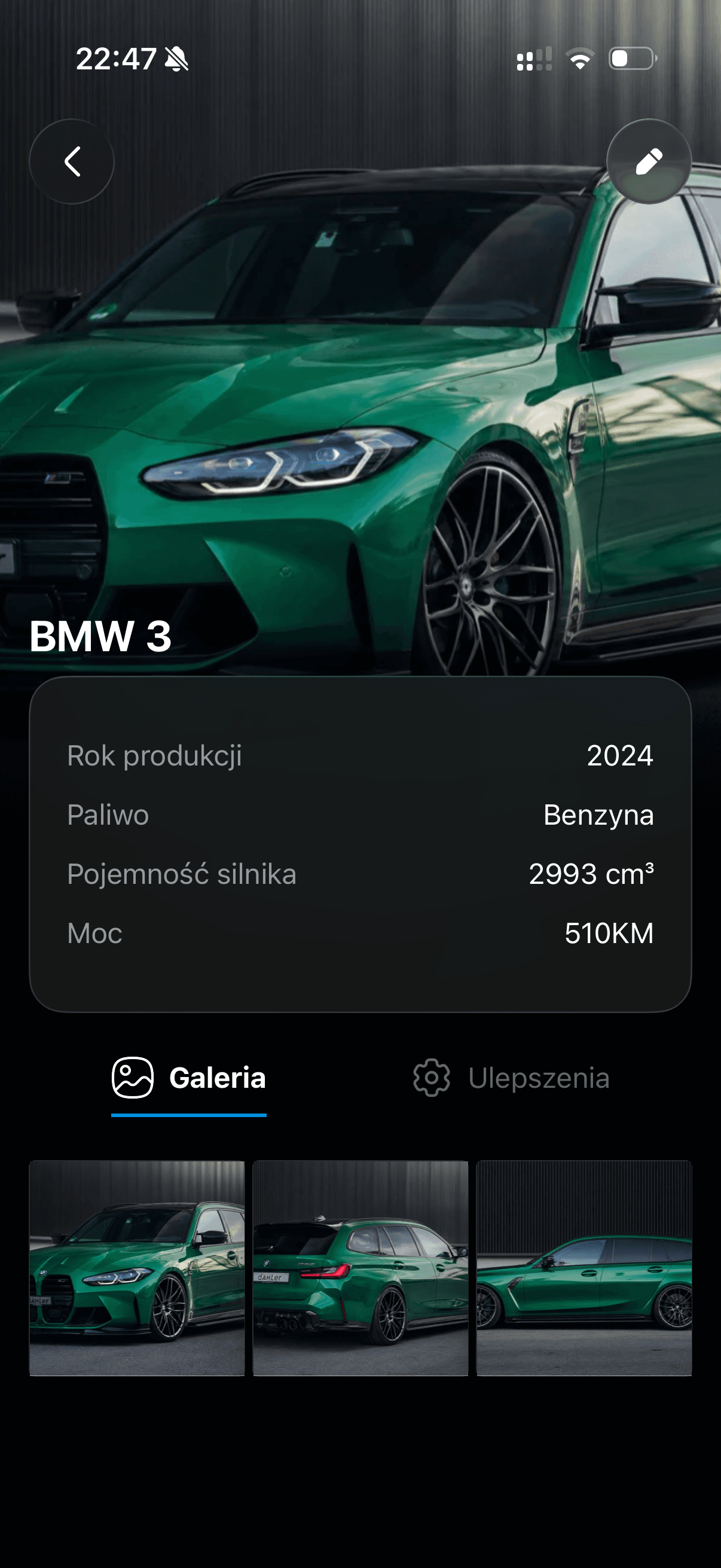 Galeria zdjęć auta w garażu w aplikacji Revly