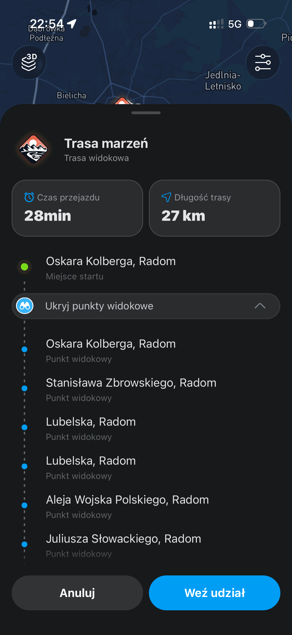 Lista punktów widokowych na trasie w aplikacji Revly