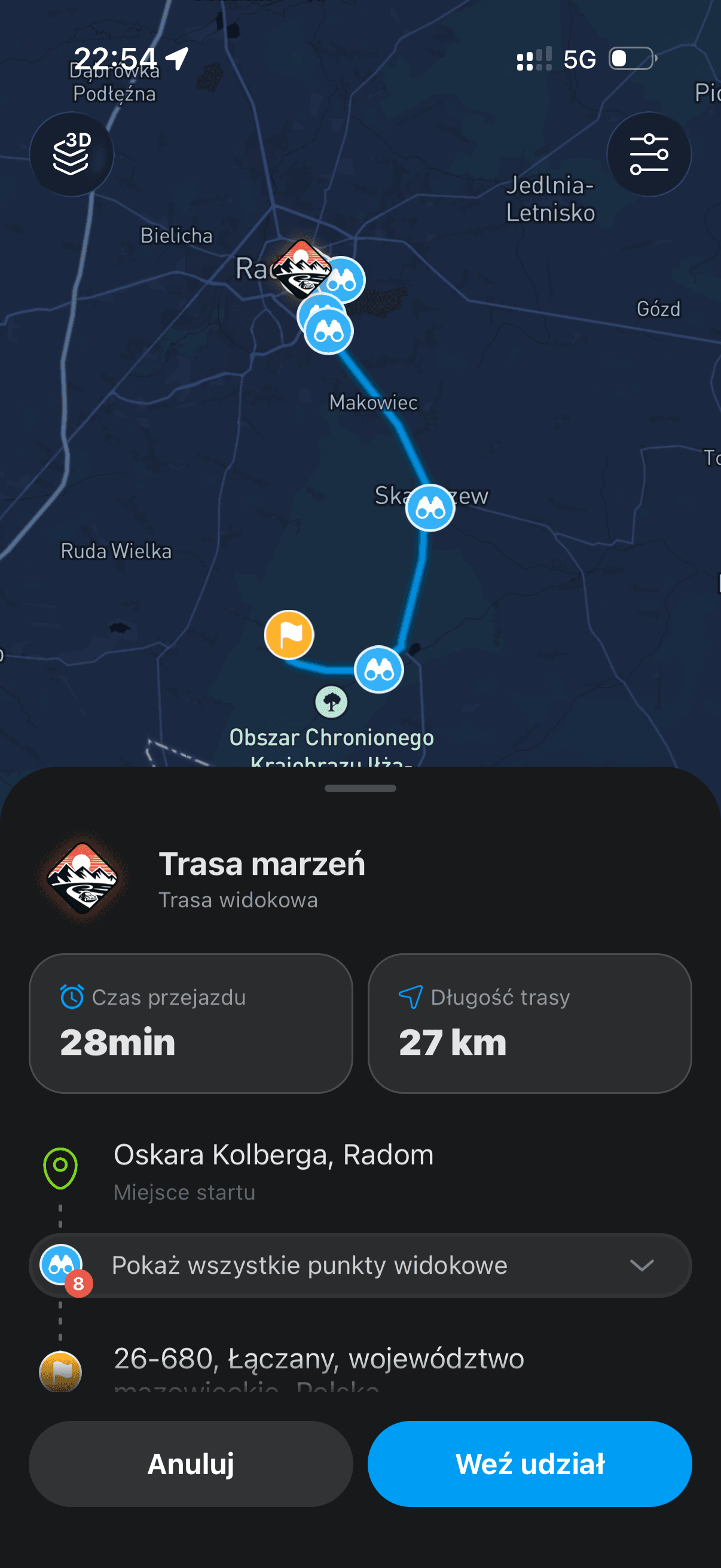 Trasa widokowa na mapie w aplikacji Revly